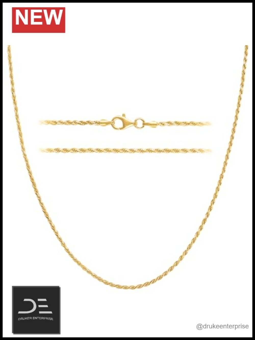 18K Gold Plated Sterling Silver Rope Chain Necklace 1.5mm Diamond Cut